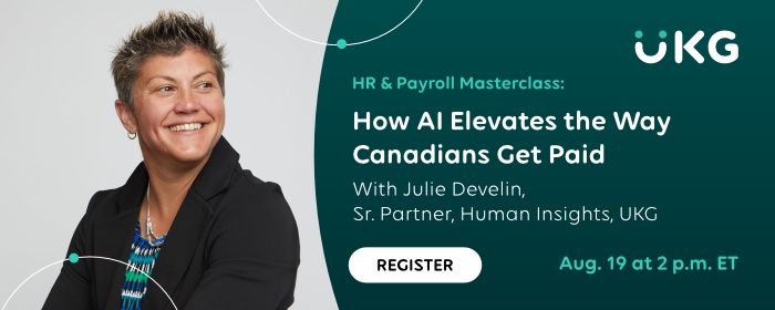 A photo of guest speaker Julie Develin, Sr. Partner, Human Insights, looking to the right and smiling. HR and Payroll Masterclass: How AI Elevates the Way Canadians Get Paid - UKG.ca