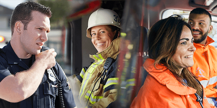 A collage image of public safety workers including firefighters, police, and Ems employees.