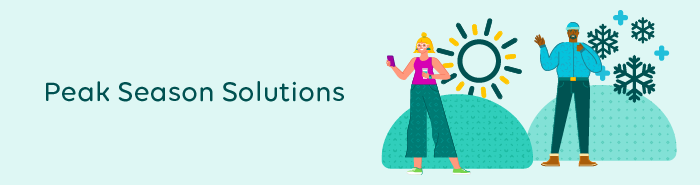 Illustration style rendering of two people. One with summer and another with winter. Headline Peak Season Solutions